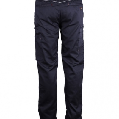 Calças de trabalho pretas com bolsos e costuras reforçadas