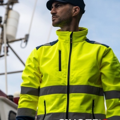 Casaco de segurança amarelo fluorescente com faixas refletoras cinzentas e zíper preto