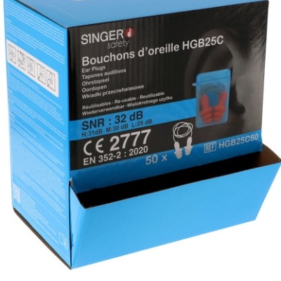 Caixa azul de tampões auriculares reutilizáveis SINGER com texto e imagem dos produtos