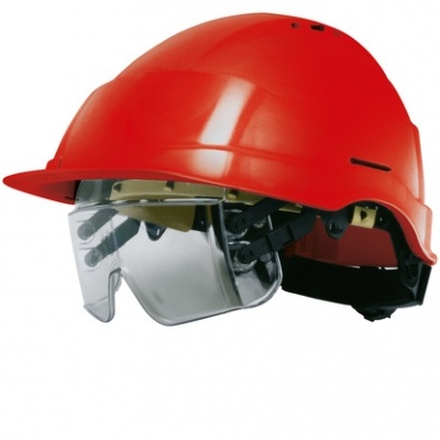 Capacete de segurança vermelho com viseira transparente