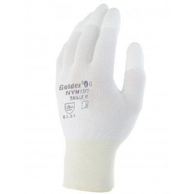 Luva branca de proteção em tecido com texto impresso