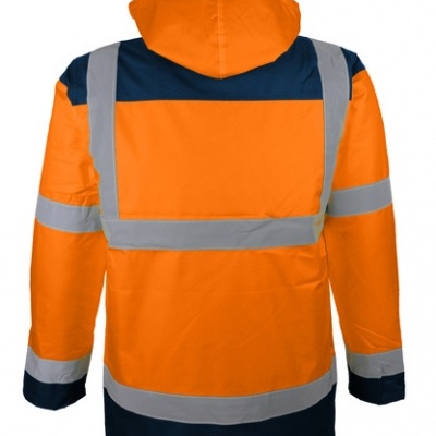 Casaco de alta visibilidade laranja e azul com faixas refletoras