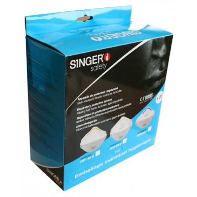 Embalagem azul e preta de dispositivos de proteção respiratória Singer Safety com texto