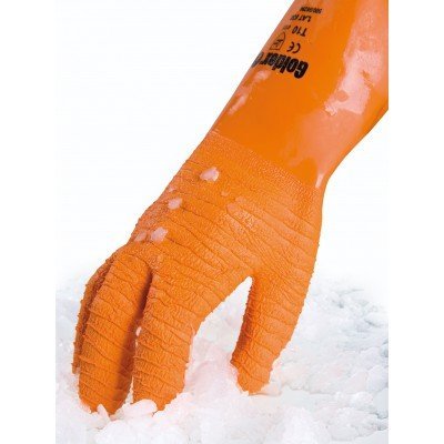 Luva de proteção industrial laranja com textura enrugada e texto preto