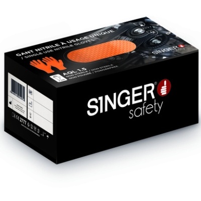 Caixa preta de luvas nitrílicas descartáveis SINGER Safety com ilustração de luva laranja