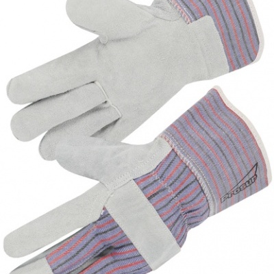Par de luvas de trabalho cinza claro com punhos riscados coloridos.