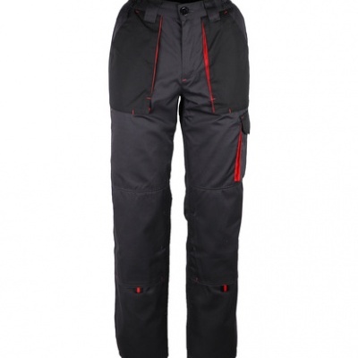 Calças de trabalho pretas com detalhes vermelhos e múltiplos bolsos