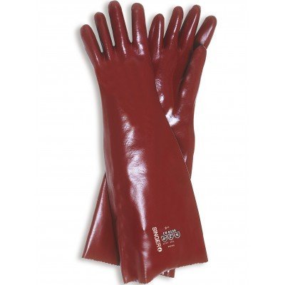 Par de luvas vermelhas longas brilhantes com texto impresso