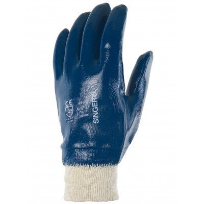 Luva de trabalho azul com punho branco e texto impresso SINGER.