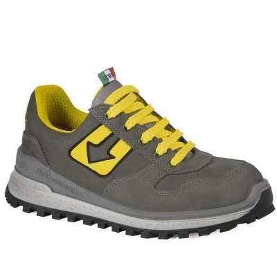 Ténis cinza com detalhes amarelos e sola branca