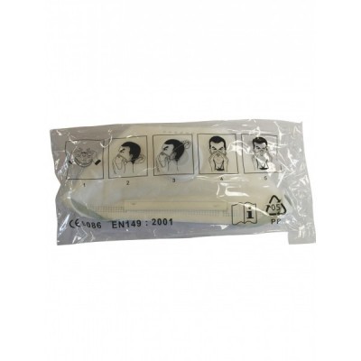 máscara de proteção branca em embalagem plástica com instruções de uso e texto CE 0086 EN149: 2001
