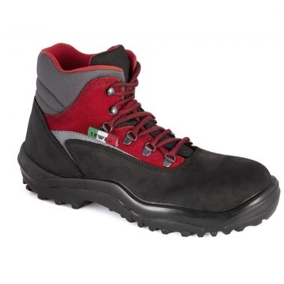 Bota de caminhada preta, cinzenta e vermelha com sola robusta