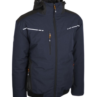 Casaco impermeável azul escuro com capuz e detalhes pretos