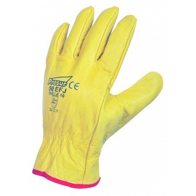 Luvas de proteção amarelas em pele com texto impresso e rebordo cor-de-rosa