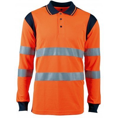 Polo de manga comprida laranja com faixas refletoras cinza e detalhes azuis escuros