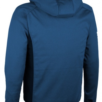 Casaco azul com capuz visto por trás