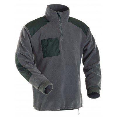 Camisola cinzenta de manga comprida com fecho zip e detalhes pretos.