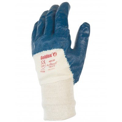 Luva de trabalho Goldex azul com parte de trás branca e texto legível