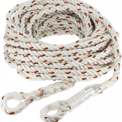 Corda branca trançada com fios laranja e preto com extremidades em olhal reforçado