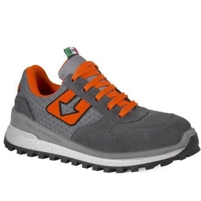 Ténis desportivo cinzento e laranja com sola preta e branca