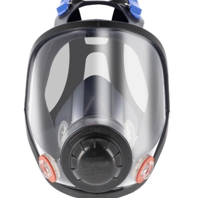 Máscara de proteção facial inteira com visor transparente e válvulas vermelhas