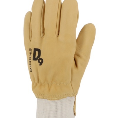 Luvas de trabalho em couro bege com punho elástico branco.