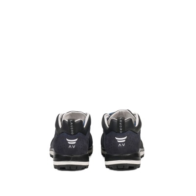 sapatilhas desportivas azuis escuras com detalhes em branco e preto, vista traseira