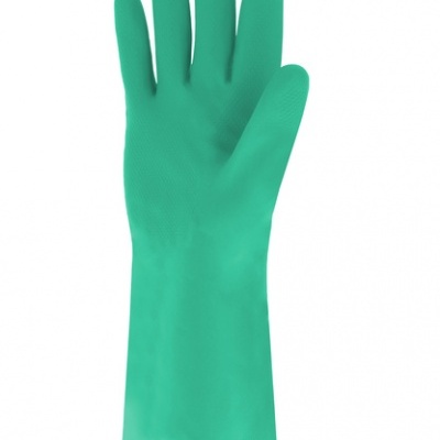 Luva de limpeza verde de borracha com textura antiderrapante.