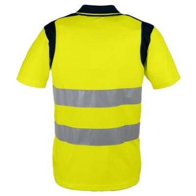 Camisola polo de segurança amarela fluorescente com faixas reflexivas cinzentas