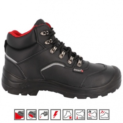 Bota de segurança preta com detalhes vermelhos e sola robusta