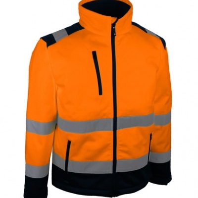 Casaco de alta visibilidade laranja com faixas refletoras cinzentas e fecho preto