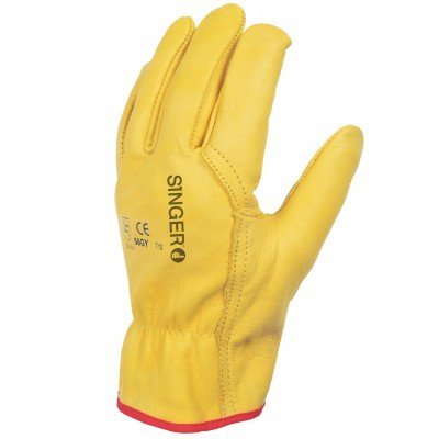 Luva de trabalho amarela em pele com punho elástico e texto SINGER