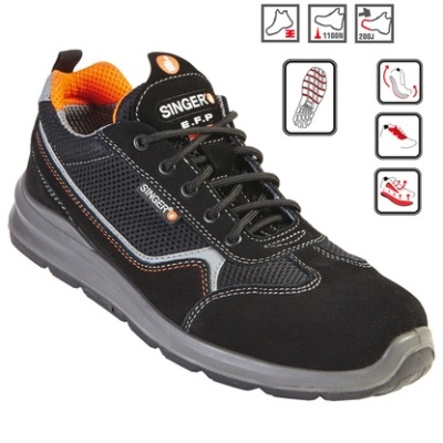 Ténis de segurança pretos SINGER E.F.P com detalhes em cinza e laranja