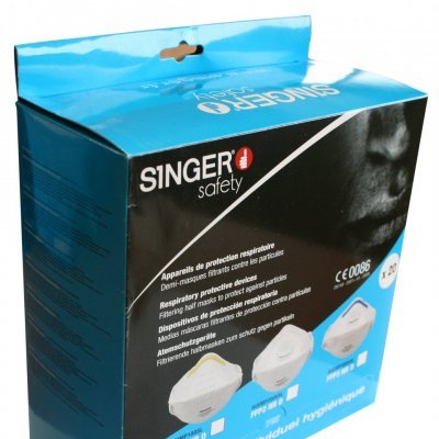 Caixa azul e preta de máscaras de proteção respiratória SINGER safety