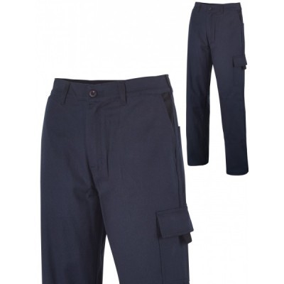 Calças de trabalho azul escuro com bolso cargo e botão na cintura