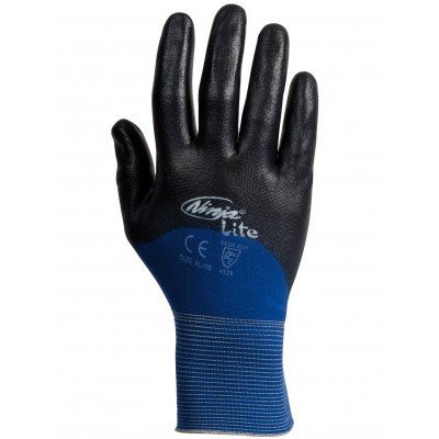 Luva de trabalho nitrilo azul e preta com texto Ninja lite e símbolos CE