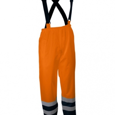 Calças de trabalho laranja com alças pretas e faixas refletoras