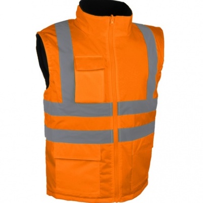 Colete de segurança laranja com faixas refletoras cinzentas