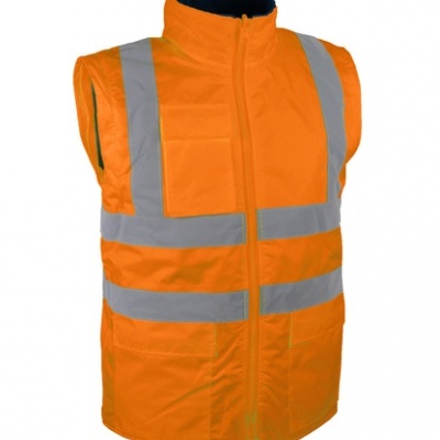 Colete de alta visibilidade laranja com faixas refletoras cinzentas