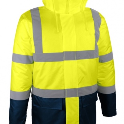 Casaco amarelo e azul de alta visibilidade com faixas refletoras e capuz