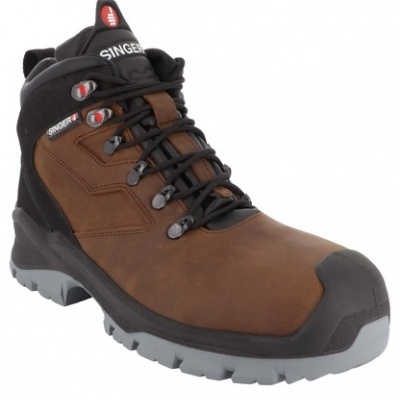 Bota de trabalho castanha e preta com sola cinzenta e logótipo Singer