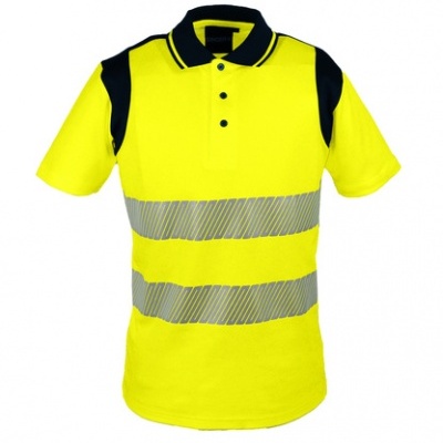 Polo de trabalho amarelo fluorescente com faixas refletoras cinzentas e detalhes pretos
