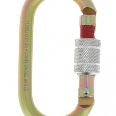 Mosquetão metálico amarelo com sistema de segurança prateado e vermelho