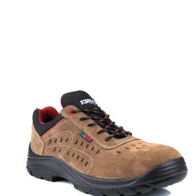 Sapato de segurança castanho com sola preta e detalhes vermelhos