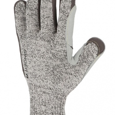 Luvas de trabalho cinzentas com reforços e texto SINGER CO