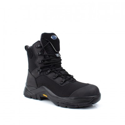 Bota de segurança preta com sola Vibram e etiquetas azuis e brancas
