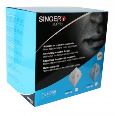 Caixa azul e preta de máscaras respiratórias SINGER safety com texto multilíngue