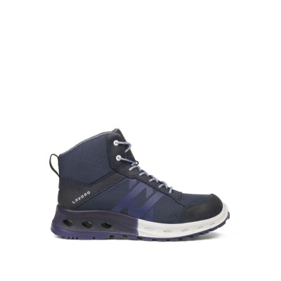 Bota de trabalho alta azul escuro com detalhes em preto e sola branca e azul