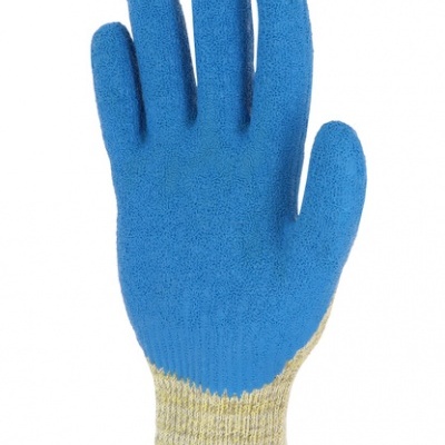 Luva de trabalho azul com punho cinza-bege em fundo branco