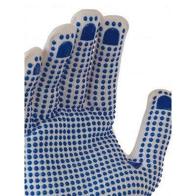 Luva branca de malha com pontos antiderrapantes azuis e reforços nos dedos